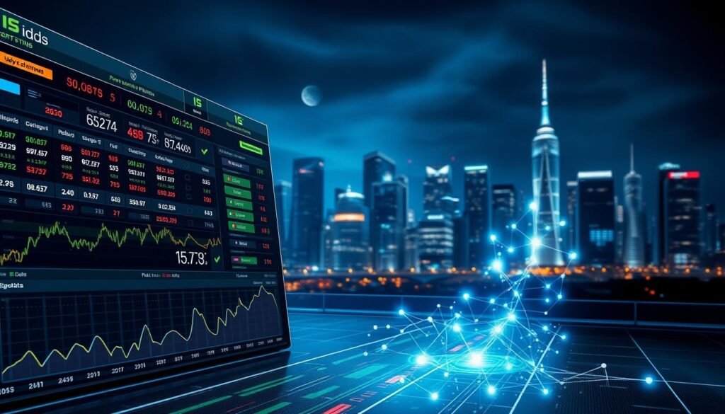A dynamic, high-tech visual illustration of a digital sports betting platform represented by a sleek, futuristic interface displaying real-time odds updates for various sports events. The foreground features statistics and graphs showing fluctuating odds with vibrant colors, while the middle ground includes advanced algorithms represented as glowing lines connecting data nodes. The background shows a stylized city skyline illuminated at night, reflecting innovation and technology. The lighting is bright with contrasting shadows to highlight the digital elements. The image conveys urgency and sophistication, embodying the integration of big data in sports betting analytics, with a professional atmosphere emphasizing efficiency and cutting-edge technology.