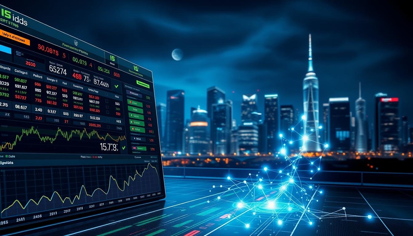 A dynamic, high-tech visual illustration of a digital sports betting platform represented by a sleek, futuristic interface displaying real-time odds updates for various sports events. The foreground features statistics and graphs showing fluctuating odds with vibrant colors, while the middle ground includes advanced algorithms represented as glowing lines connecting data nodes. The background shows a stylized city skyline illuminated at night, reflecting innovation and technology. The lighting is bright with contrasting shadows to highlight the digital elements. The image conveys urgency and sophistication, embodying the integration of big data in sports betting analytics, with a professional atmosphere emphasizing efficiency and cutting-edge technology.