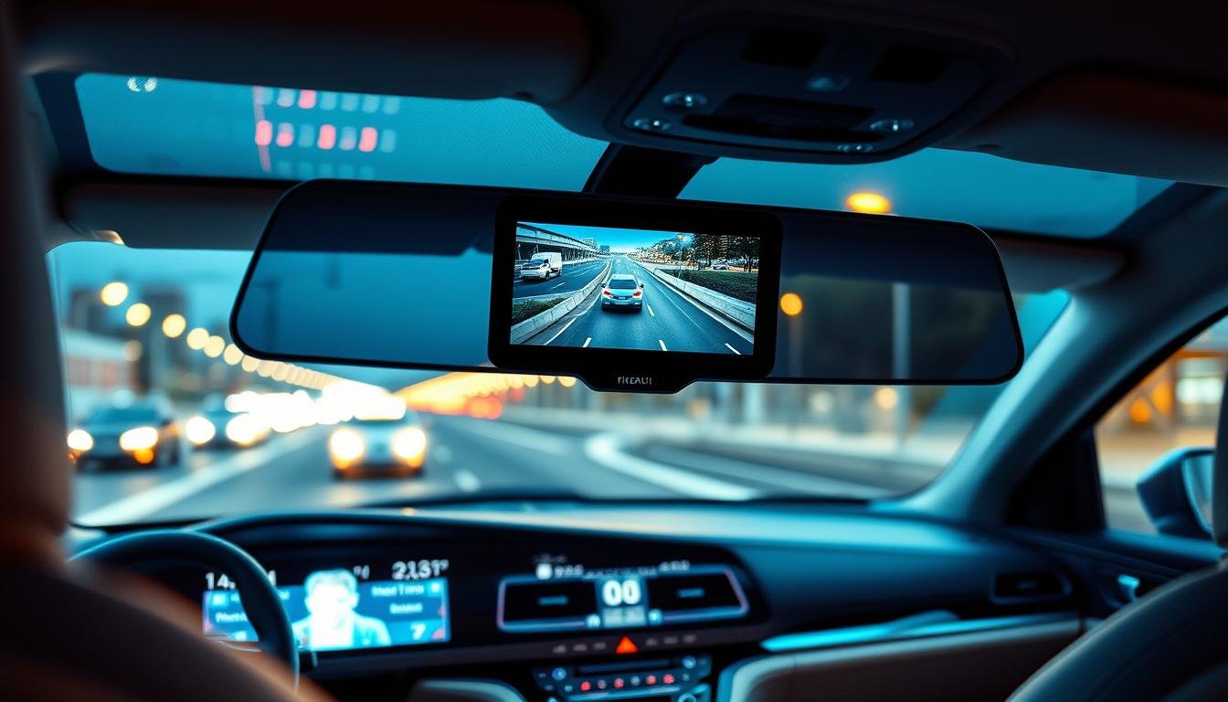 A futuristic car interior featuring a sleek electronic rearview mirror displaying live video feed. In the foreground, the electronic mirror highlights a clear view of the road behind the vehicle, capturing a realistic portrayal of potential obstacles, like a pedestrian or another car. The middle ground includes a well-lit dashboard with sophisticated controls and multiple screens, set against the sleek design of the car interior, showcasing comfort and technology. The background features blurred city lights in the evening, creating a dramatic atmosphere that emphasizes night driving. Soft yet bright ambient lighting highlights the interior's modern design. The overall mood is both professional and advanced, illustrating the importance and functionality of electronic rearview mirrors for safety and evidence collection in critical situations.