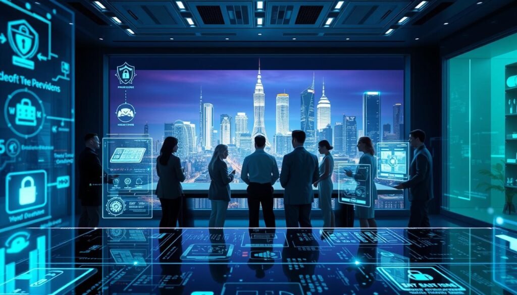 A futuristic digital ecosystem representing the concept of "3A Entertainment's transparent digital gaming ecosystem." In the foreground, intricate holographic displays showcase various gaming platforms and security measures, with digital representations of trustworthy transactions. The middle ground features a diverse group of people in professional business attire, collaborating around a sleek, modern conference table filled with digital interfaces, emphasizing transparency and integrity. The background includes a city skyline reflecting advanced technology, illuminated by soft blue and green lighting to evoke a sense of innovation and security. The atmosphere conveys professionalism, trust, and commitment to a safe online gaming environment, captured with a dynamic angle to illustrate connectivity and engagement.