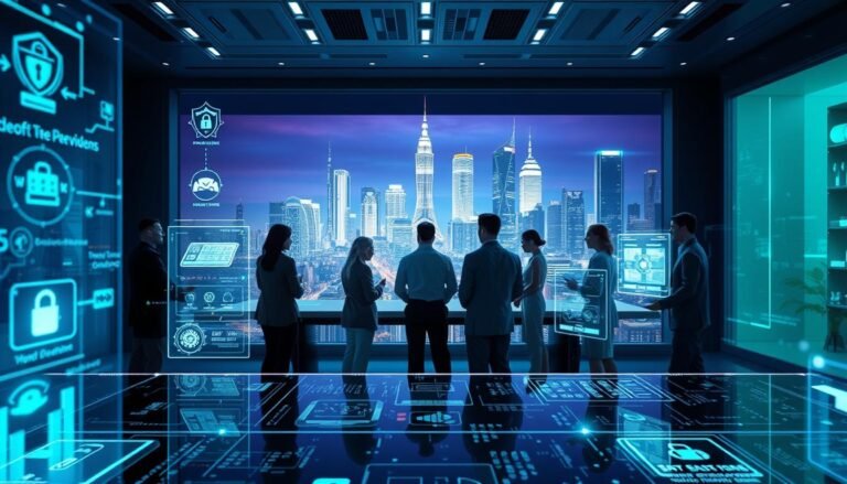 A futuristic digital ecosystem representing the concept of "3A Entertainment's transparent digital gaming ecosystem." In the foreground, intricate holographic displays showcase various gaming platforms and security measures, with digital representations of trustworthy transactions. The middle ground features a diverse group of people in professional business attire, collaborating around a sleek, modern conference table filled with digital interfaces, emphasizing transparency and integrity. The background includes a city skyline reflecting advanced technology, illuminated by soft blue and green lighting to evoke a sense of innovation and security. The atmosphere conveys professionalism, trust, and commitment to a safe online gaming environment, captured with a dynamic angle to illustrate connectivity and engagement.