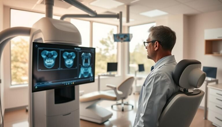A modern dental clinic interior focused on dental implants, showcasing a state-of-the-art panoramic imaging machine. In the foreground, a skilled dentist in a professional white coat examines digital scans on a large screen, emphasizing precision and technology. In the middle ground, a comfortable consultation area with dental chairs and bright, inviting decor that reflects cleanliness and professionalism. In the background, large windows allow natural light to flood the space, creating a warm and welcoming atmosphere. The lighting is bright yet soft, enhancing the sophisticated vibe of the clinic. The overall mood conveys trust, expertise, and the importance of advanced technology in dental care, particularly in implant assessments.
