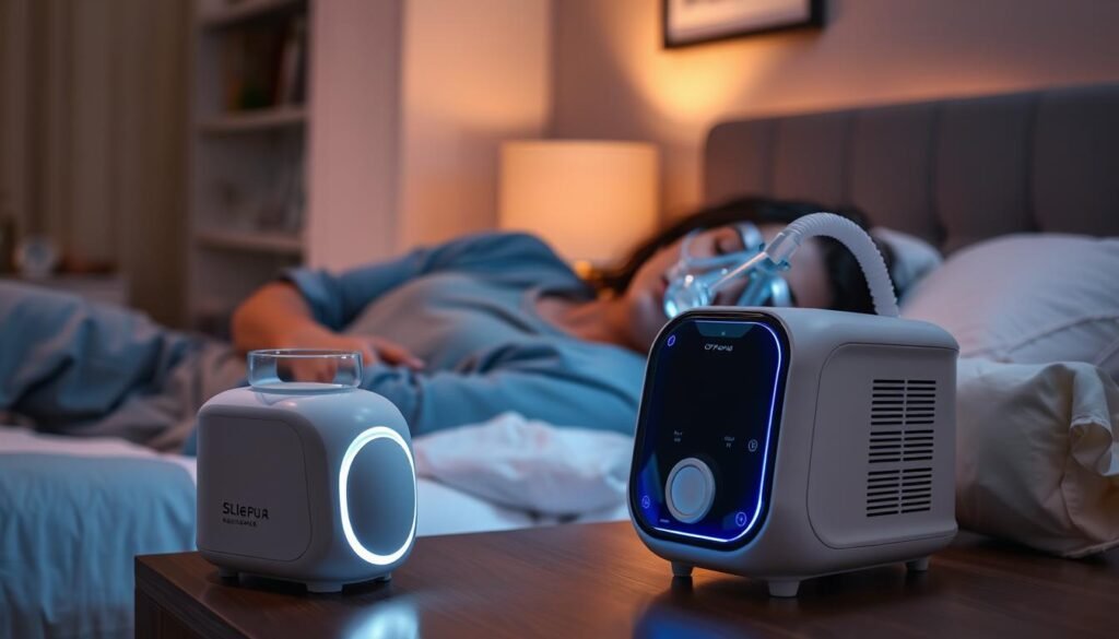 A serene bedroom setting featuring a modern sleep apnea machine on a bedside table, illuminated by soft, ambient lighting that creates a calming atmosphere. In the foreground, a person in modest casual clothing peacefully sleeping while wearing a CPAP mask, demonstrating the machine's application. In the middle, the sleek design of the sleep apnea device is visible, showcasing its features like a water chamber and adjustable pressure settings. The background includes a cozy, well-decorated room with ambient elements like a nightstand, a bookshelf, and muted colors enhancing the tranquil mood. The overall image conveys relaxation and the benefits of better sleep health through the use of a sleep aid device.