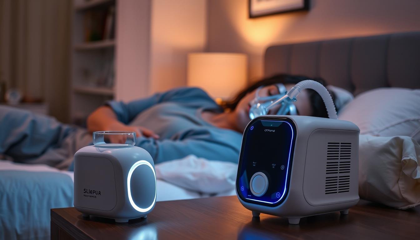 A serene bedroom setting featuring a modern sleep apnea machine on a bedside table, illuminated by soft, ambient lighting that creates a calming atmosphere. In the foreground, a person in modest casual clothing peacefully sleeping while wearing a CPAP mask, demonstrating the machine's application. In the middle, the sleek design of the sleep apnea device is visible, showcasing its features like a water chamber and adjustable pressure settings. The background includes a cozy, well-decorated room with ambient elements like a nightstand, a bookshelf, and muted colors enhancing the tranquil mood. The overall image conveys relaxation and the benefits of better sleep health through the use of a sleep aid device.