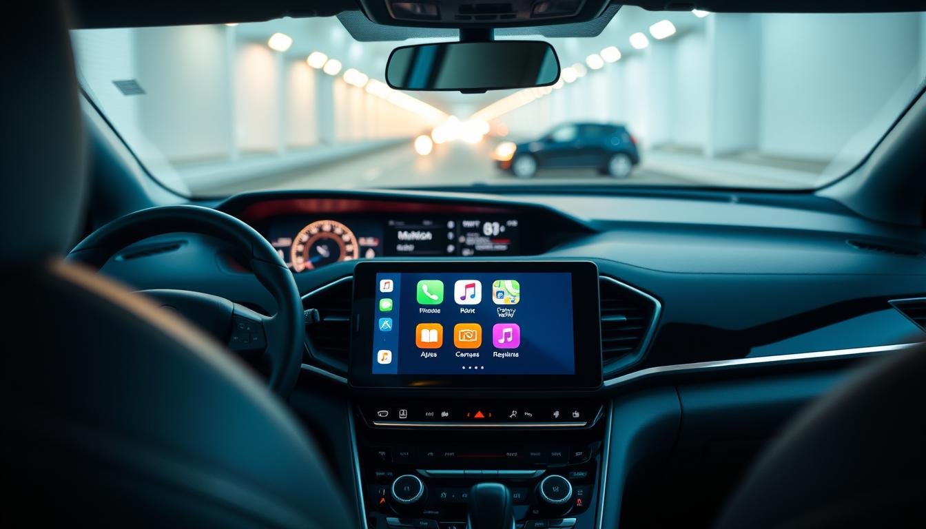 A sleek interior of a modern car showcasing an integrated iPhone with a wireless CarPlay setup, positioned prominently in a high-definition infotainment display. In the foreground, the iPhone screen displays a vibrant interface with app icons for music and navigation. The middle layer features a dashboard adorned with high-tech controls, illuminated softly with ambient lighting, creating a cozy yet sophisticated atmosphere. The background reveals a blurred view of the car's exterior through the windshield, hinting at a dynamic driving experience. Use a wide-angle lens effect to enhance the spacious feel of the cabin, emphasizing the seamless connection between technology and driving comfort. The overall mood is modern, inviting, and focused on the integration of digital life into automotive experiences.