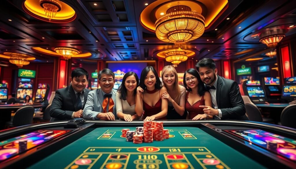 A vibrant and engaging online casino game experience illustration for "UG娛樂城". Foreground features a sleek gaming table with various colorful chips and high-end digital screens displaying exciting games. In the middle ground, a diverse group of elegantly dressed individuals engaged in gameplay, showcasing expressions of excitement and focus, highlighting teamwork and strategy. The background presents a lavish, dimly-lit casino atmosphere adorned with neon lights and rich textures, creating an inviting and thrilling vibe. Soft, dramatic lighting enhances the intensity of the scene while evoking a sense of anticipation and luxury. The angle captures the action, drawing the viewer into the interactive experience of the online gaming world. No text or watermarks present.