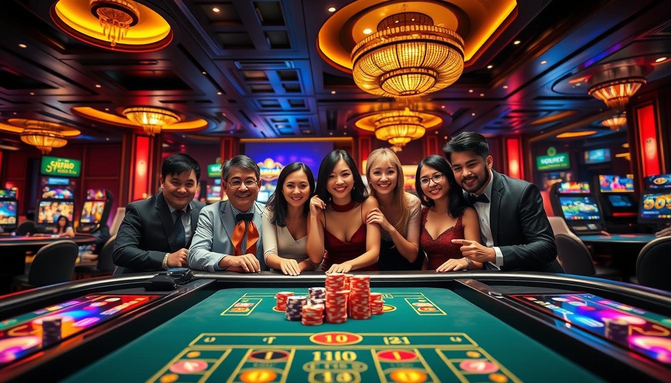A vibrant and engaging online casino game experience illustration for "UG娛樂城". Foreground features a sleek gaming table with various colorful chips and high-end digital screens displaying exciting games. In the middle ground, a diverse group of elegantly dressed individuals engaged in gameplay, showcasing expressions of excitement and focus, highlighting teamwork and strategy. The background presents a lavish, dimly-lit casino atmosphere adorned with neon lights and rich textures, creating an inviting and thrilling vibe. Soft, dramatic lighting enhances the intensity of the scene while evoking a sense of anticipation and luxury. The angle captures the action, drawing the viewer into the interactive experience of the online gaming world. No text or watermarks present.