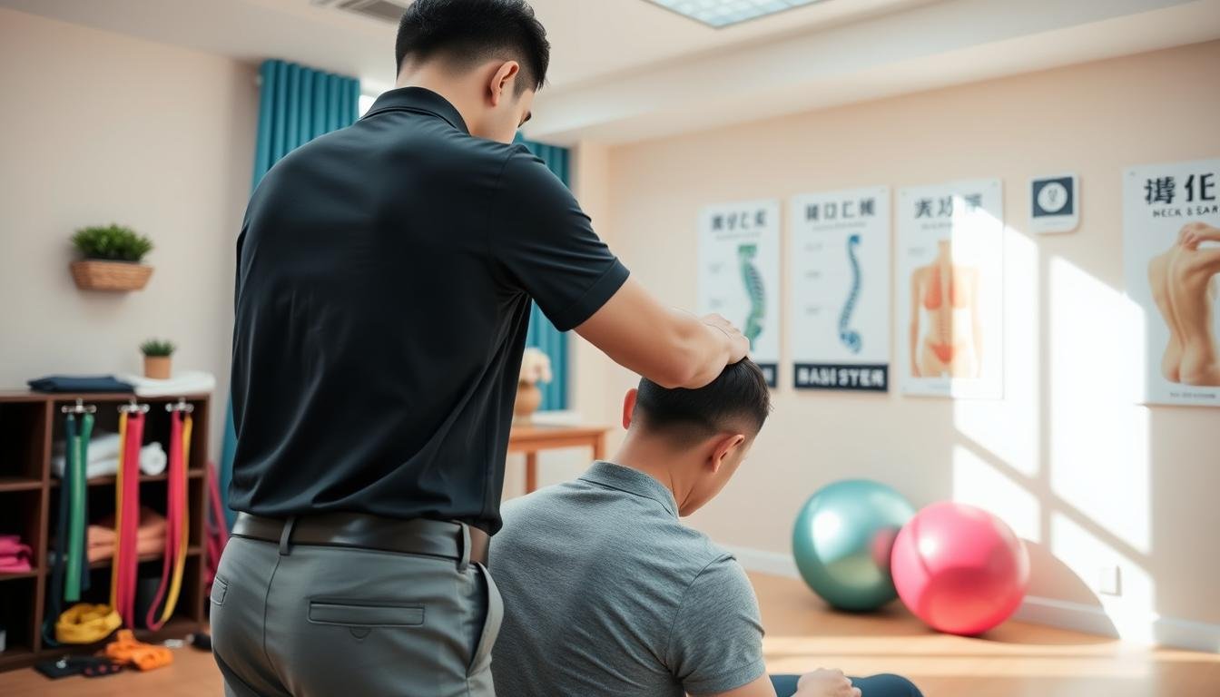 A well-lit physiotherapy clinic in Wan Chai, Hong Kong, featuring a therapist in a smart polo shirt and slacks, demonstrating therapeutic techniques on a patient with a neck issue. The foreground showcases the therapist gently manipulating the patient’s neck and shoulders, emphasizing their expertise and care. In the middle ground, colorful equipment like resistance bands and exercise balls are visible, highlighting a professional environment. The background includes softly colored walls and therapeutic posters related to neck and spine care, adding a sense of calm and focus. Natural light streams in from a window, enhancing the atmosphere of healing and support, with a warm and inviting color palette throughout the scene.