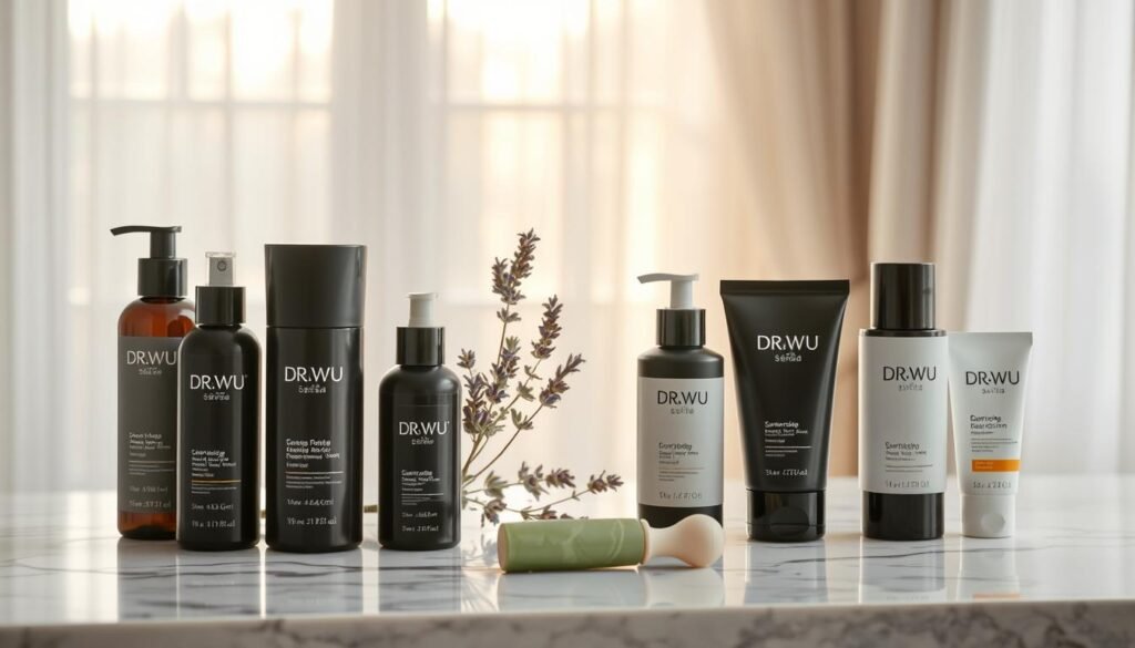 A beautifully arranged flat lay composition featuring DR.WU sunscreen products on a marble countertop. In the foreground, showcase various DR.WU sunscreen bottles, emphasizing their sleek, modern design with a focus on packaging details. In the middle ground, include a few natural elements such as a sprig of lavender and a small jade roller, symbolizing skincare and self-care. The background should be softly blurred to create a warm, inviting atmosphere, with gentle sunlight filtering through sheer curtains, casting a soft glow. Use a shallow depth of field to concentrate on the products while ensuring a clean, professional look. The overall mood should be fresh, vibrant, and trustful, appealing to skincare enthusiasts looking to explore effective sunscreen options.