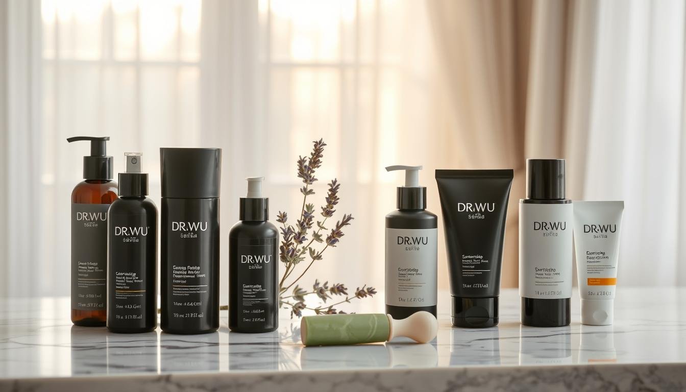 A beautifully arranged flat lay composition featuring DR.WU sunscreen products on a marble countertop. In the foreground, showcase various DR.WU sunscreen bottles, emphasizing their sleek, modern design with a focus on packaging details. In the middle ground, include a few natural elements such as a sprig of lavender and a small jade roller, symbolizing skincare and self-care. The background should be softly blurred to create a warm, inviting atmosphere, with gentle sunlight filtering through sheer curtains, casting a soft glow. Use a shallow depth of field to concentrate on the products while ensuring a clean, professional look. The overall mood should be fresh, vibrant, and trustful, appealing to skincare enthusiasts looking to explore effective sunscreen options.