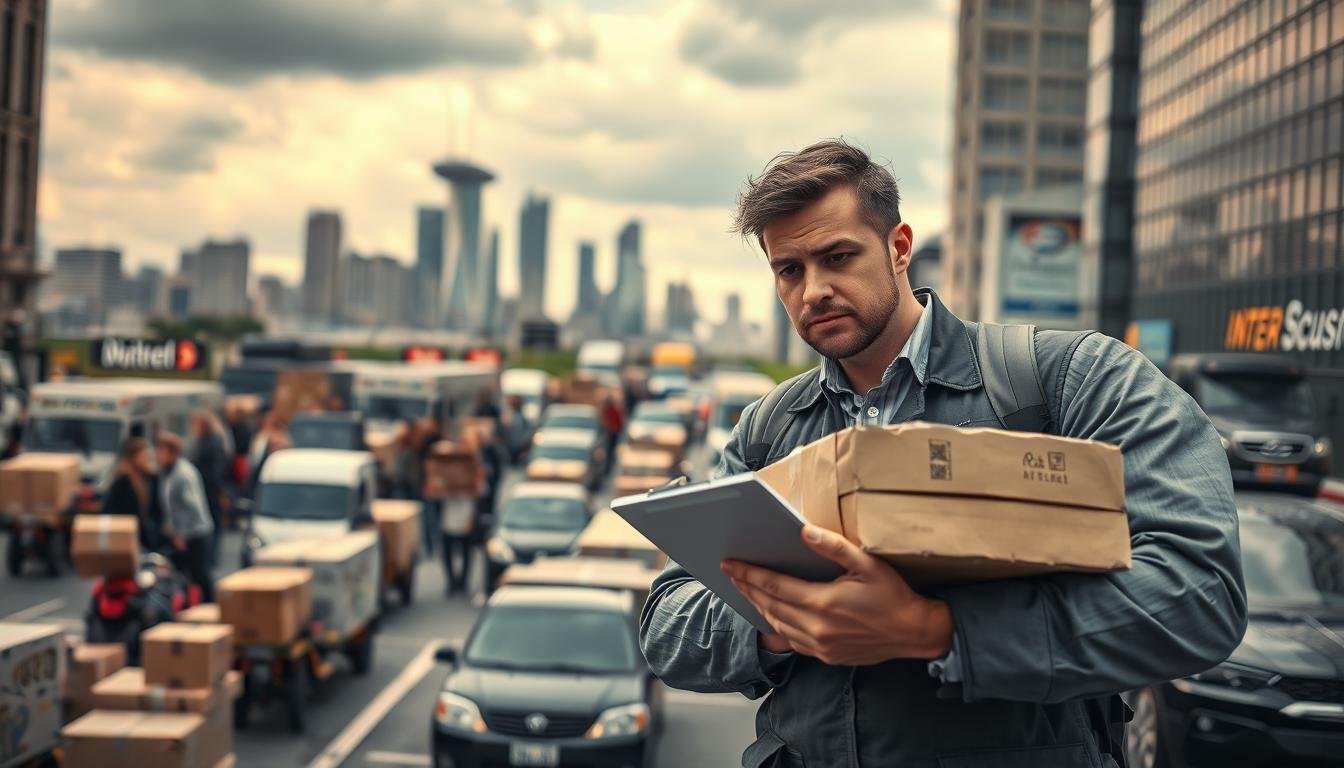 A concerned courier stands in a busy urban environment, examining a stack of parcels with an uneasy expression. In the foreground, emphasize the courier's professional attire, with a clipboard in hand, highlighting the responsibility of package delivery. The middle layer features a chaotic scene of delivery trucks and confused customers awaiting their parcels, illustrating the risk of lost shipments. The background showcases a city skyline under a cloudy sky, casting a moody atmosphere of uncertainty. Use natural, soft lighting to create a sense of realism, and a slightly tilted angle to enhance the feeling of unease in the delivery process. The image should convey the challenges faced by those in the American purchasing and delivery system without any text or additional distractions.