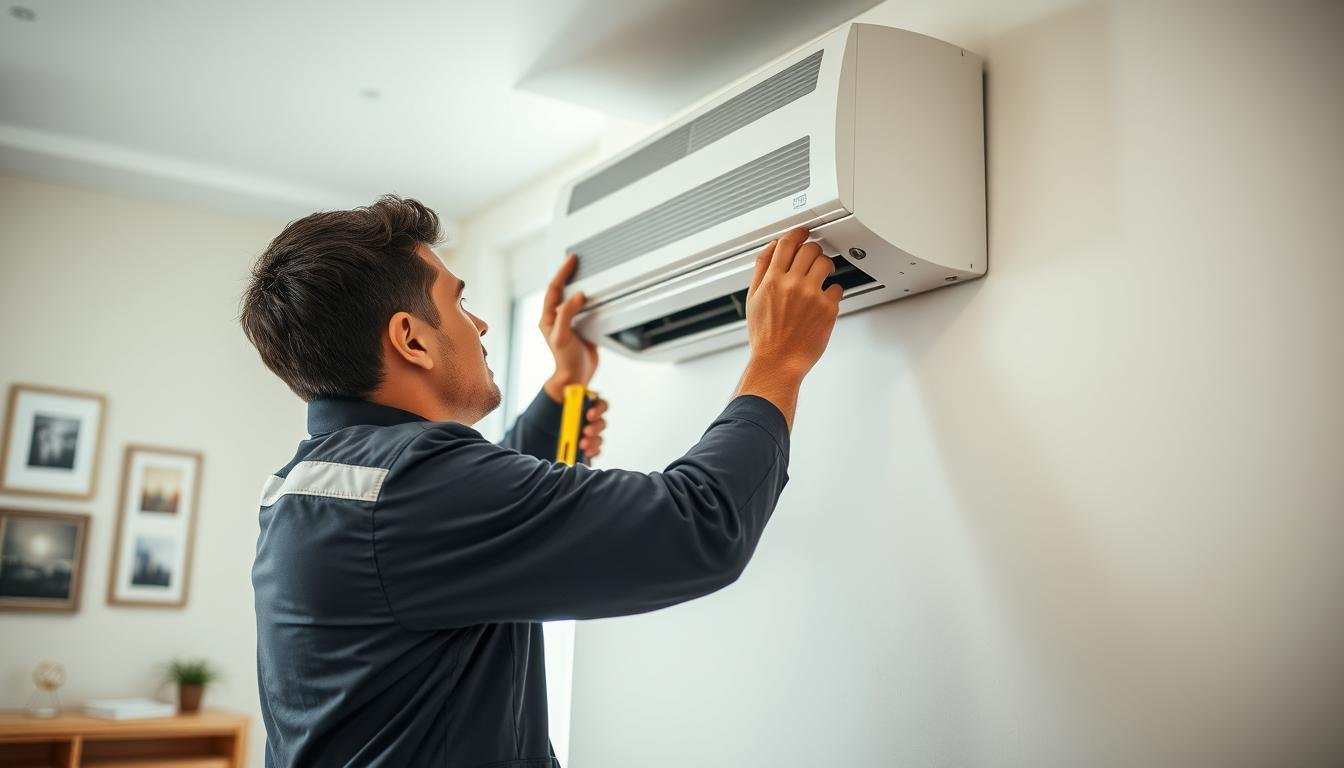 A detailed scene depicting an air conditioning installation process in a modern room. In the foreground, a technician dressed in a professional uniform is carefully mounting the indoor unit on a wall. He is using tools like a level and screwdriver, focused on ensuring precise alignment. The middle ground features the air conditioning unit, showcasing its design and installation brackets. In the background, a window lets in natural light, illuminating the space and highlighting small details like wall decor and furniture, adding a sense of realism. The atmosphere is one of professionalism and attention to detail, emphasizing the technical aspects of the installation. The image should have a warm, inviting color palette and a slight depth of field for a more dynamic feel.