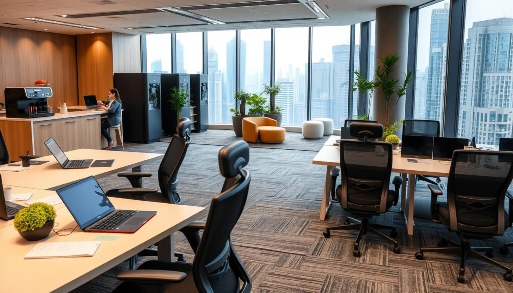 A modern office workspace in Wan Chai, Hong Kong, showcasing a variety of essential facilities for businesses. In the foreground, sleek desks with contemporary ergonomic chairs, equipped with laptops and notepads. The middle ground features a well-designed break area with coffee machines, seating, and greenery, conveying a collaborative atmosphere. In the background, large glass windows displaying the city skyline, with natural light flooding the space, emphasizing a vibrant environment. The overall mood is professional yet inviting, highlighting the amenities that support corporate needs. Capture the essence of a bustling yet focused office setting, focusing on functionality and comfort, photographed with a wide-angle lens to enhance depth.