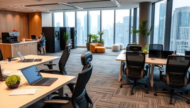 A modern office workspace in Wan Chai, Hong Kong, showcasing a variety of essential facilities for businesses. In the foreground, sleek desks with contemporary ergonomic chairs, equipped with laptops and notepads. The middle ground features a well-designed break area with coffee machines, seating, and greenery, conveying a collaborative atmosphere. In the background, large glass windows displaying the city skyline, with natural light flooding the space, emphasizing a vibrant environment. The overall mood is professional yet inviting, highlighting the amenities that support corporate needs. Capture the essence of a bustling yet focused office setting, focusing on functionality and comfort, photographed with a wide-angle lens to enhance depth.