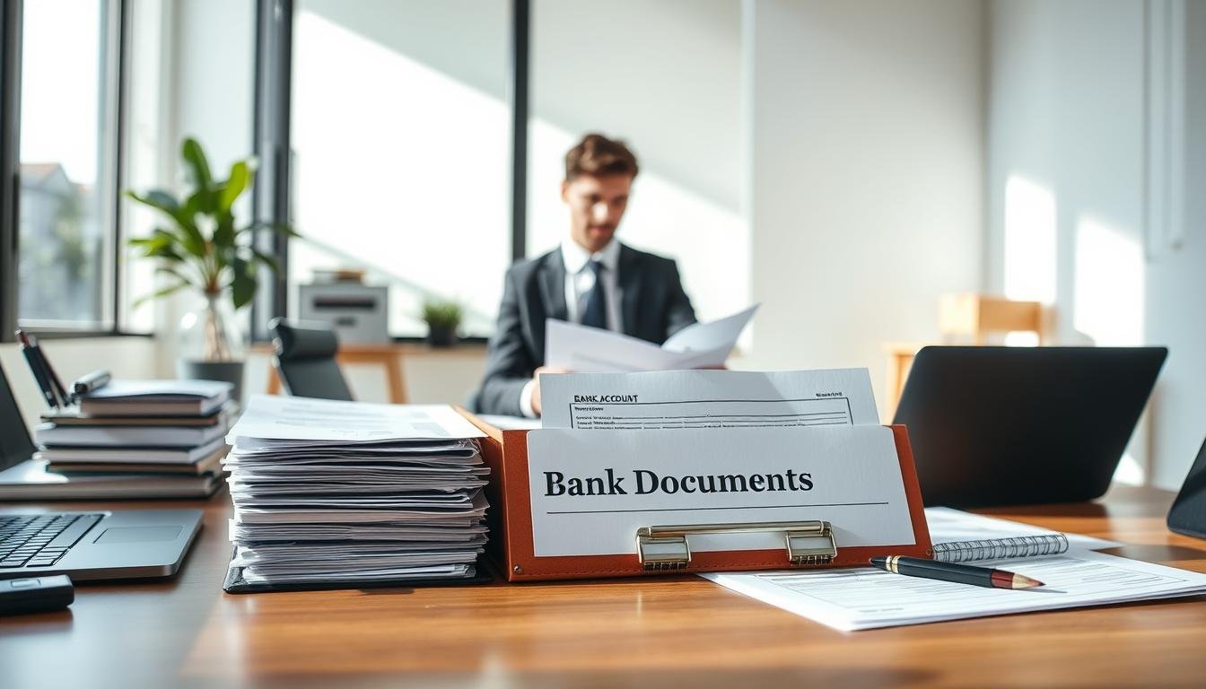 A professional and organized office setting showcasing the process of preparing bank account opening documents. In the foreground, a neatly arranged wooden desk with stacks of paperwork, a laptop, and stationery items like pens and a calculator. A folder labeled “Bank Documents” is prominently displayed, containing essential forms, identification, and financial statements. In the middle ground, a focused individual in professional business attire is reviewing documents, looking diligent and engaged. The background features a large window allowing natural light to flood the room, creating a bright and welcoming atmosphere. Soft shadows enhance the depth, while the overall mood is one of concentration and professionalism, perfect for illustrating the importance of careful document preparation in a business context.