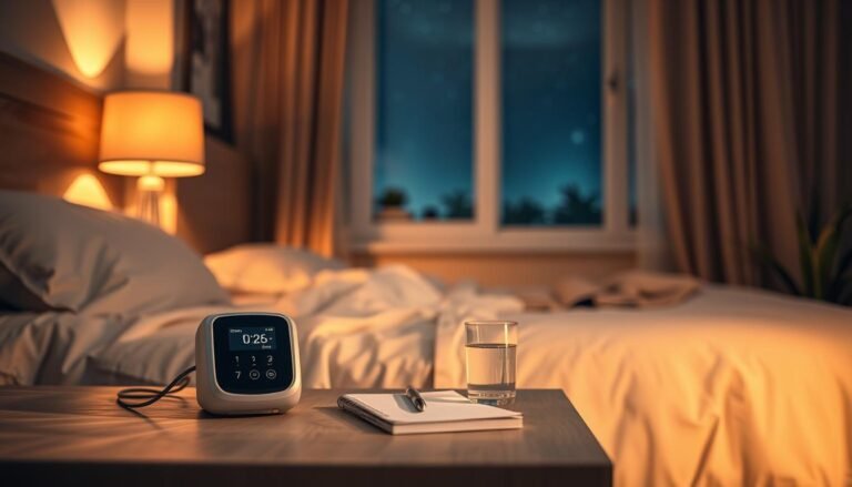 A serene bedroom scene at night, focusing on a bedside table with a modern sleep apnea machine. In the foreground, the machine is softly illuminated by a warm bedside lamp, highlighting its sleek design and digital interface. On the table, a notebook and pen suggest a sleep routine, while a glass of water is positioned nearby. The middle background features a cozy bed with soft, inviting linens, and a calming, dimly lit window revealing a starry night sky. In the far background, a faint outline of serene plants adds a natural touch. The atmosphere is tranquil and warm, evoking a sense of preparation for peaceful sleep, emphasizing the connection between a sleep routine and the efficacy of the breathing machine. Use gentle, ambient lighting to enhance the mood.